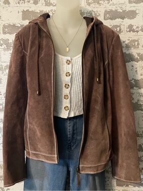 Brown Suede Leather Hooded Jacket Distressed Boho Moto Zip Up Size L